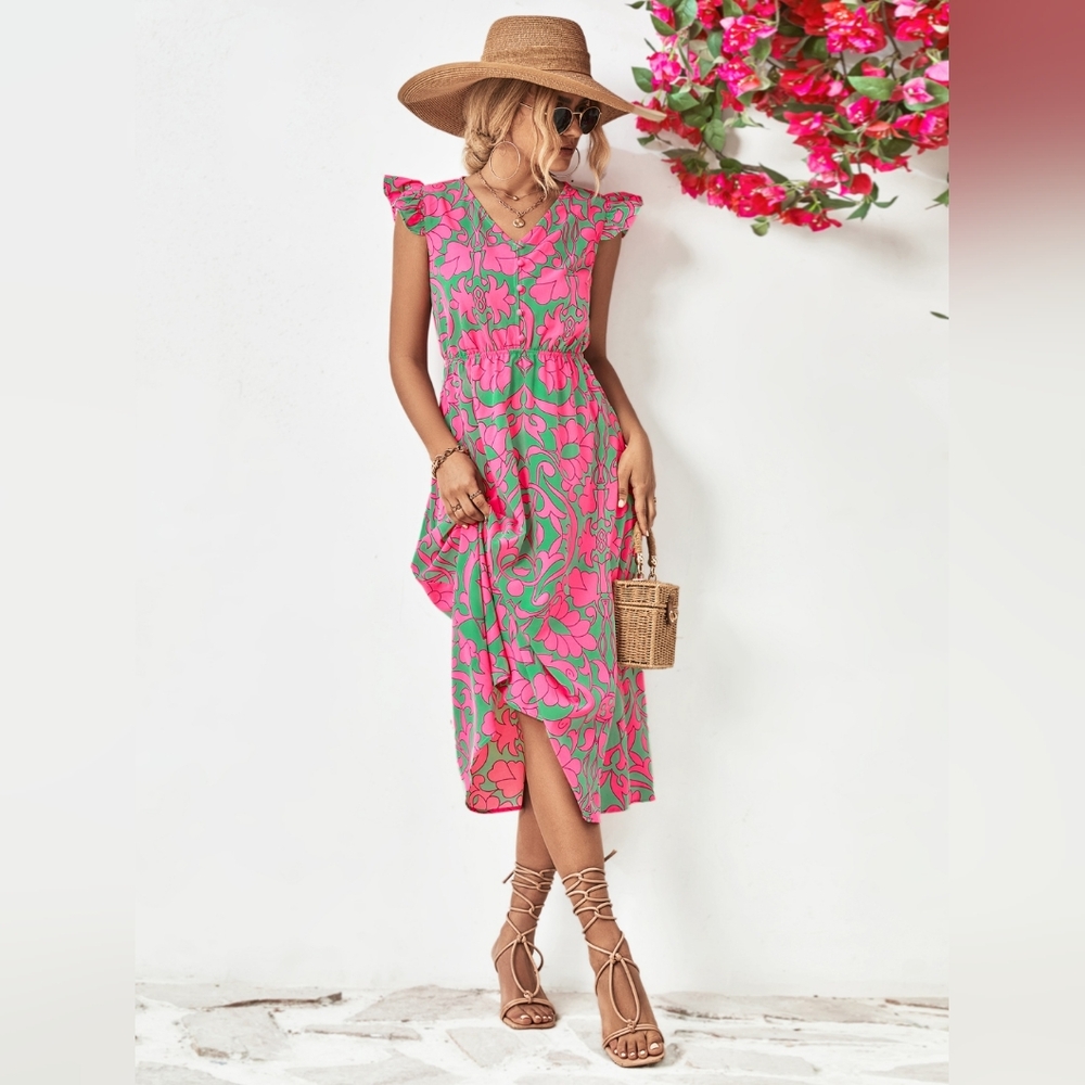 Floral V-Neck Cap Sleeve Dress - Picture 2 of 9